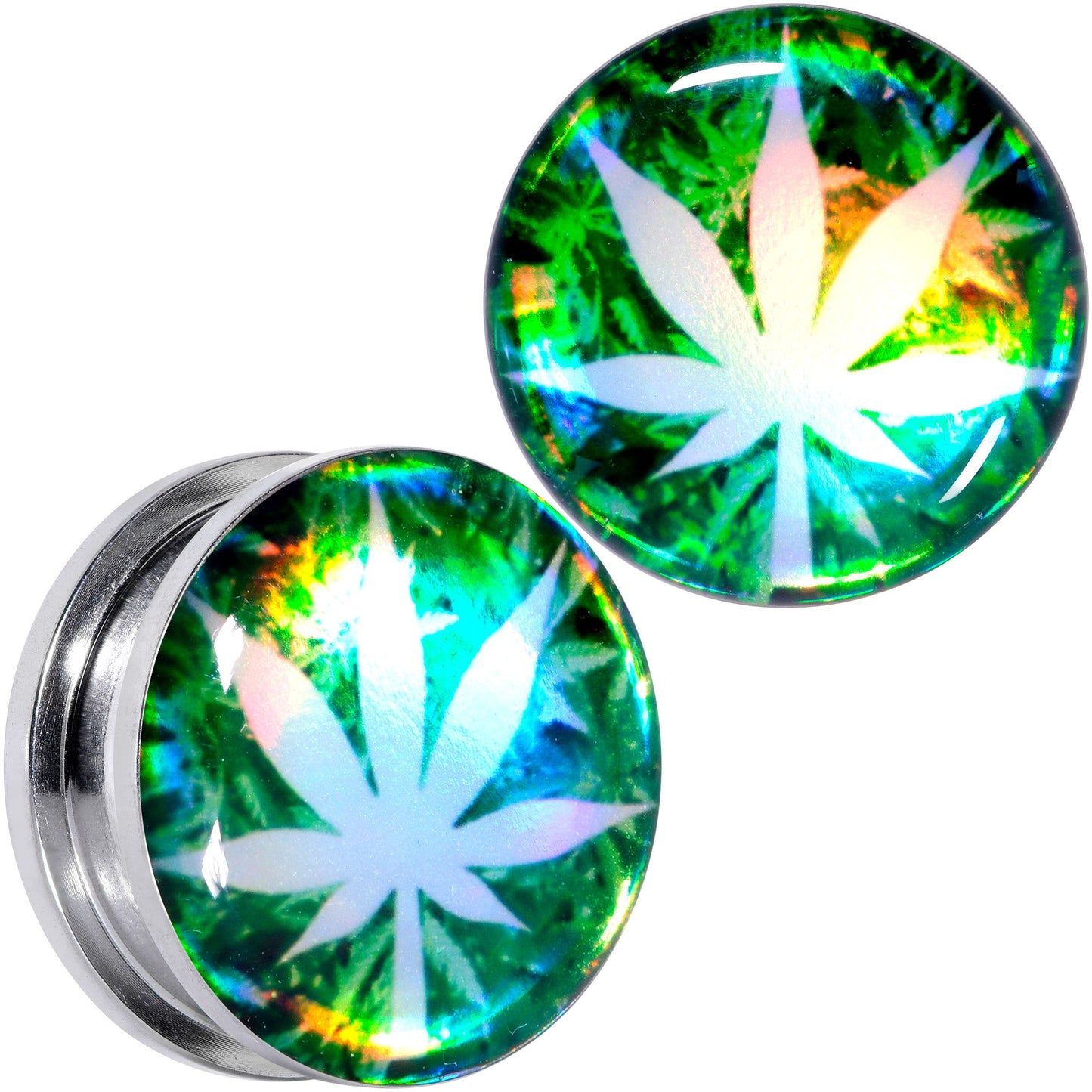 Green Hologram Marijuana Weed Leaf Screw Fit Plug Set 6G to 1 Inch