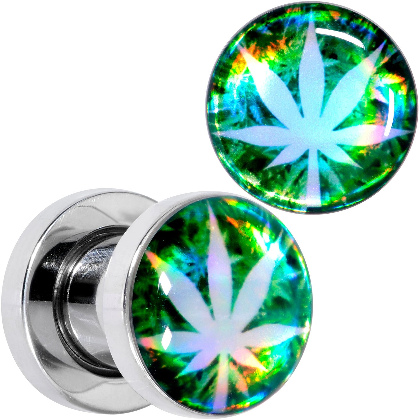 Green Hologram Marijuana Weed Leaf Screw Fit Plug Set 6G to 1 Inch