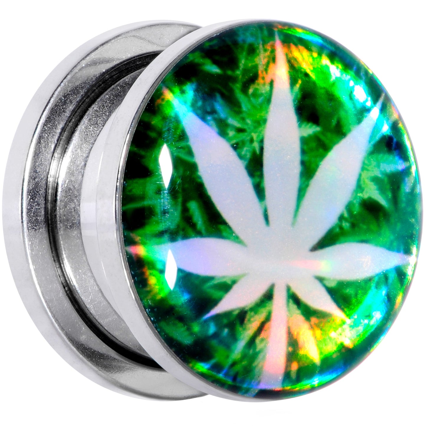 Green Hologram Marijuana Weed Leaf Screw Fit Plug Set 6G to 1 Inch