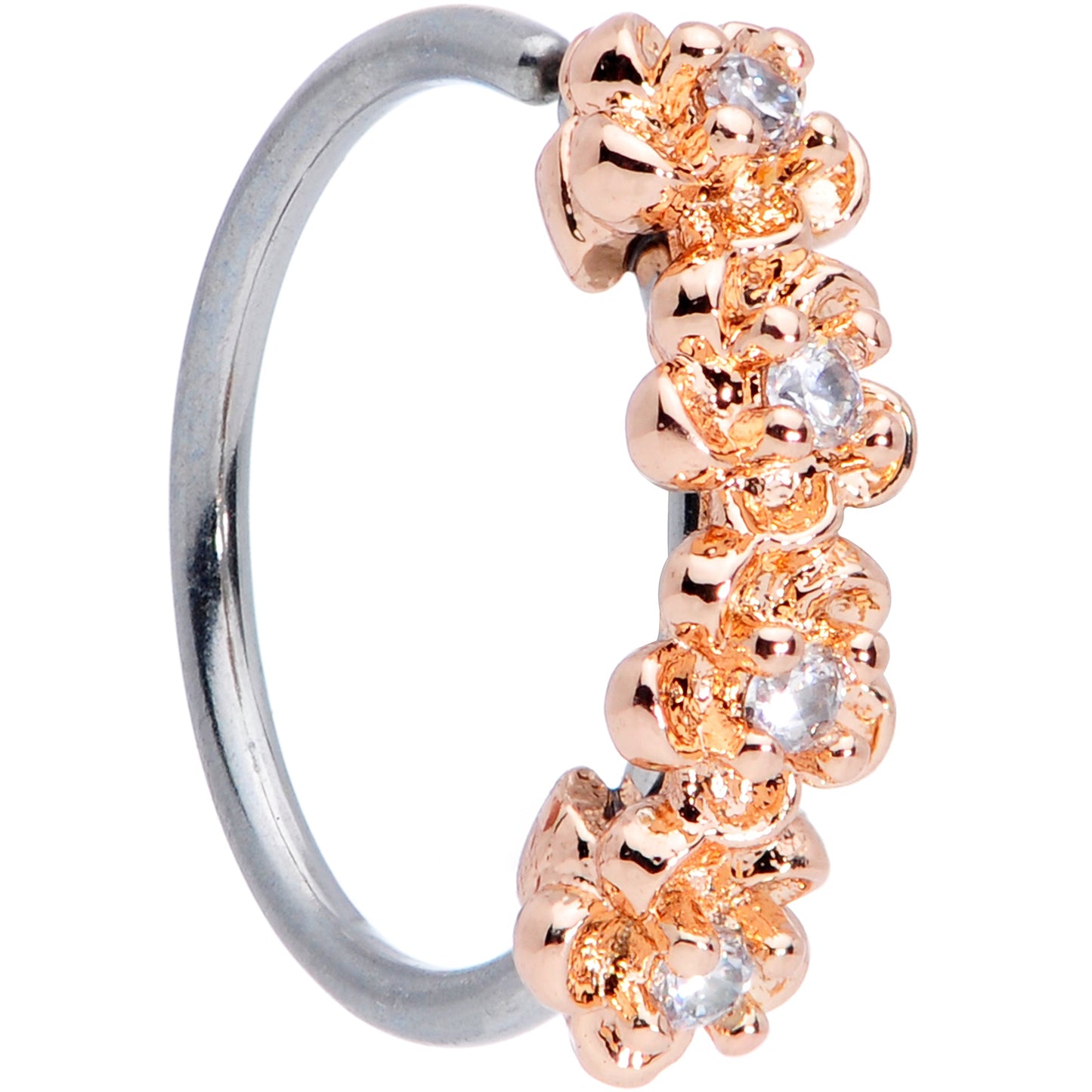 20G 5/16 Clear CZ Gem Rose Gold Tone Flowers Nose Hoop