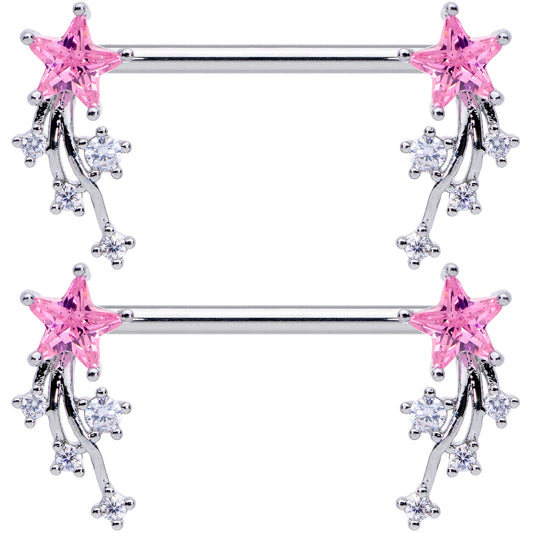 14G 5/8 Pink Clear CZ Gem Shooting Star Barbell Nipple Ring Set