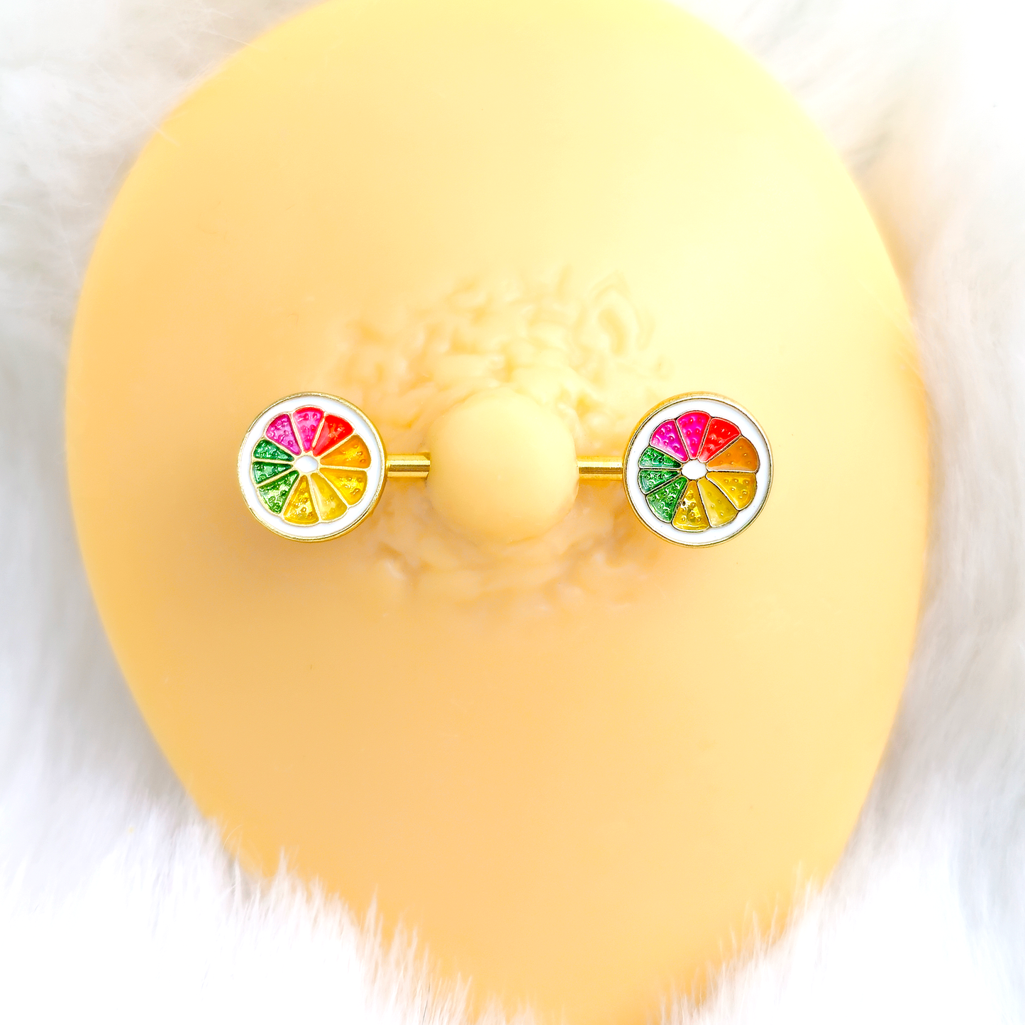 14G 5/8 Gold Tone Rainbow Grapefruit Barbell Nipple Ring Set