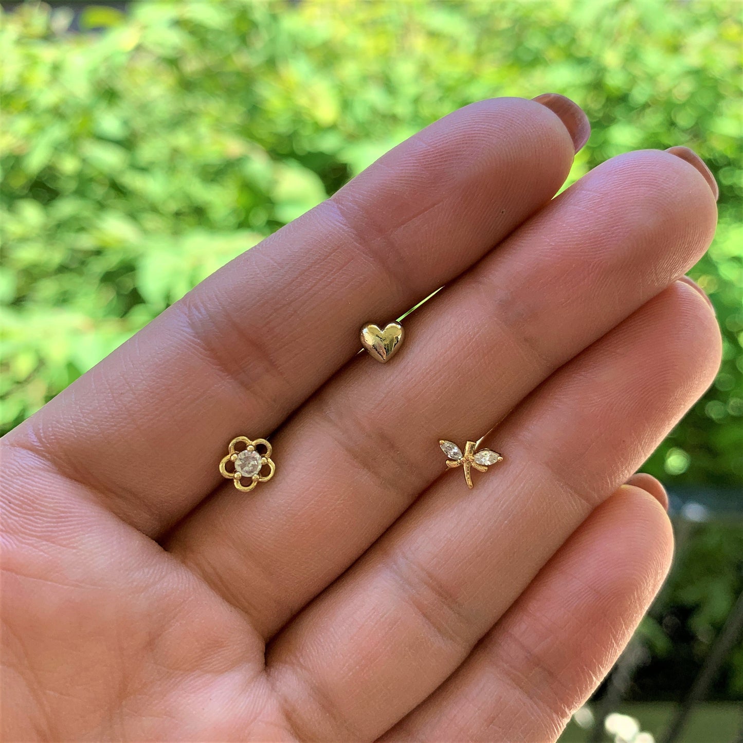 16G 5/16 Clear CZ Gem Gold Tone Heart Labret Tragus Set of 3