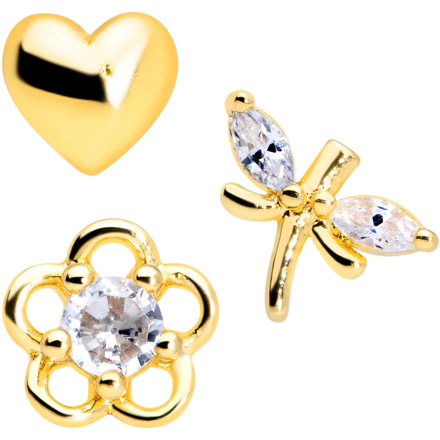 16G 5/16 Clear CZ Gem Gold Tone Heart Labret Tragus Set of 3