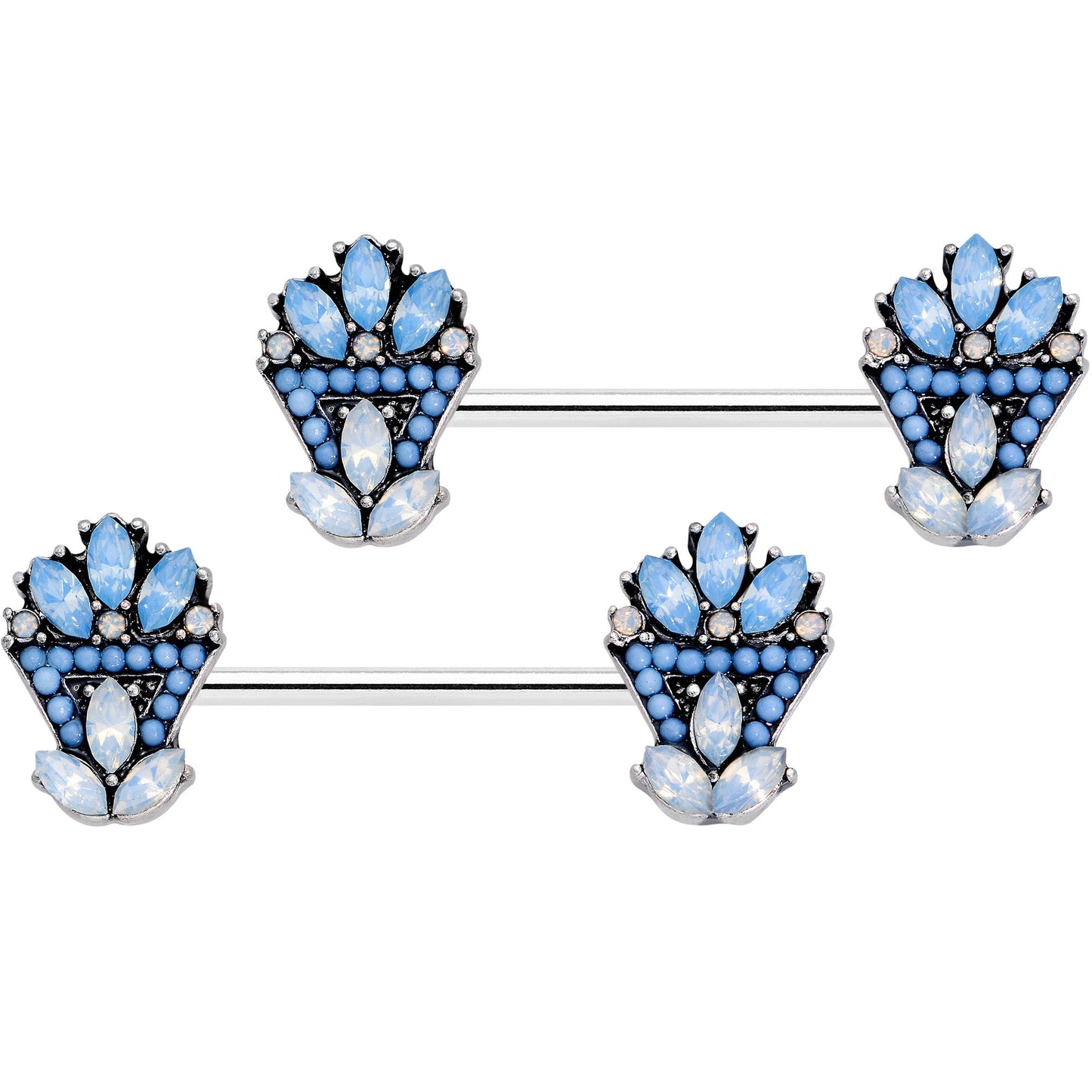14G 5/8 Blue White Faux Opal Ornate Barbell Nipple Ring Set