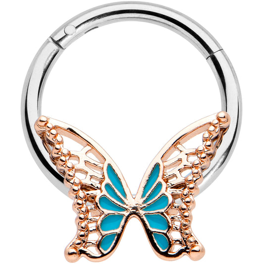 16G 3/8 Bit of Blue Butterfly Hinged Segment Ring