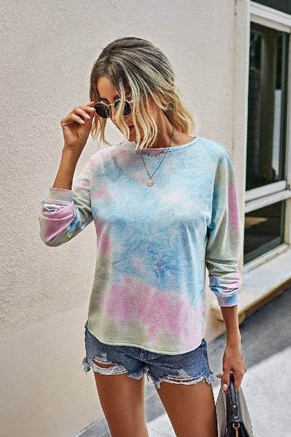 Round Neck Tie Dye Open Back Loose Sweatshirt