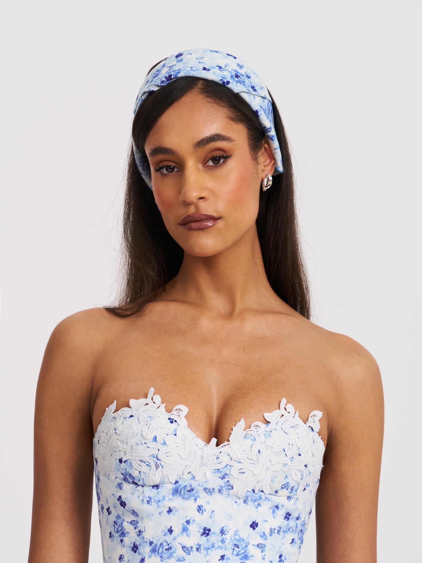 Spring Affair Blue Floral Print Linen Head Scarf