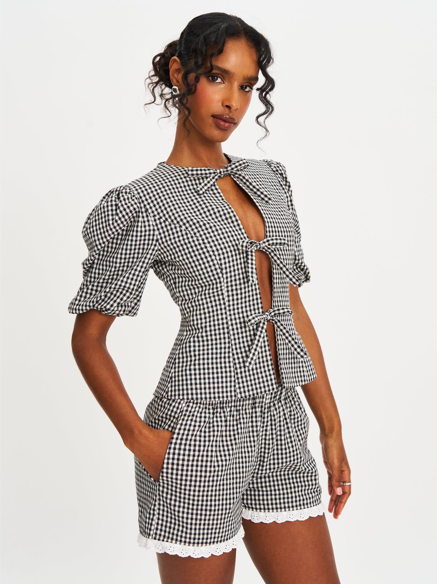 Qutayla Black Gingham Lace Trim Shorts