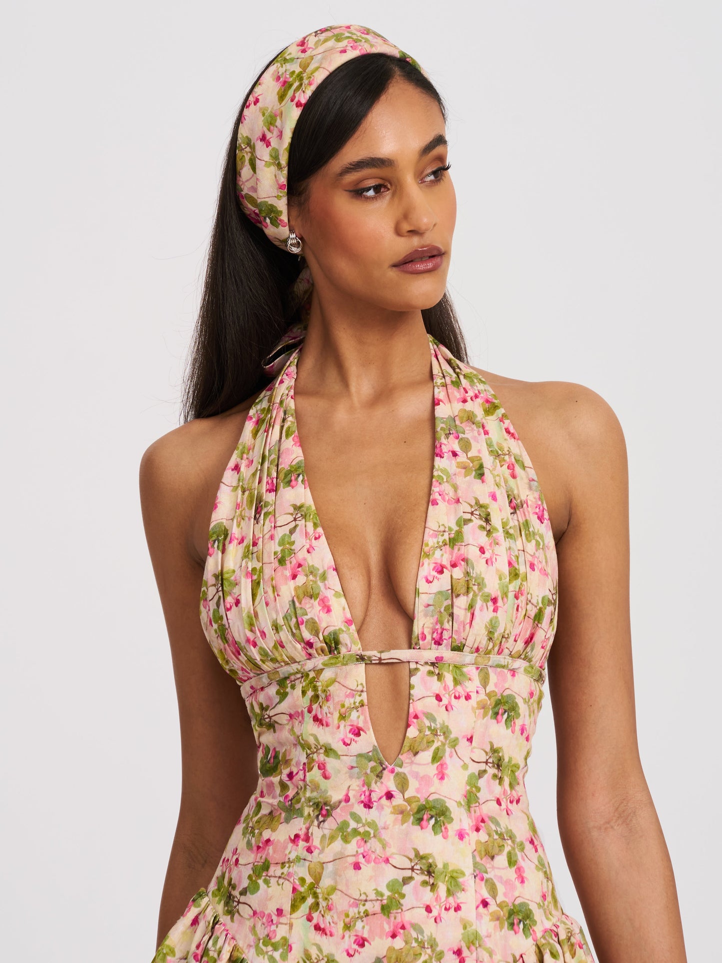 Spring Affair Green and Pink Floral Print Linen Head Scarf