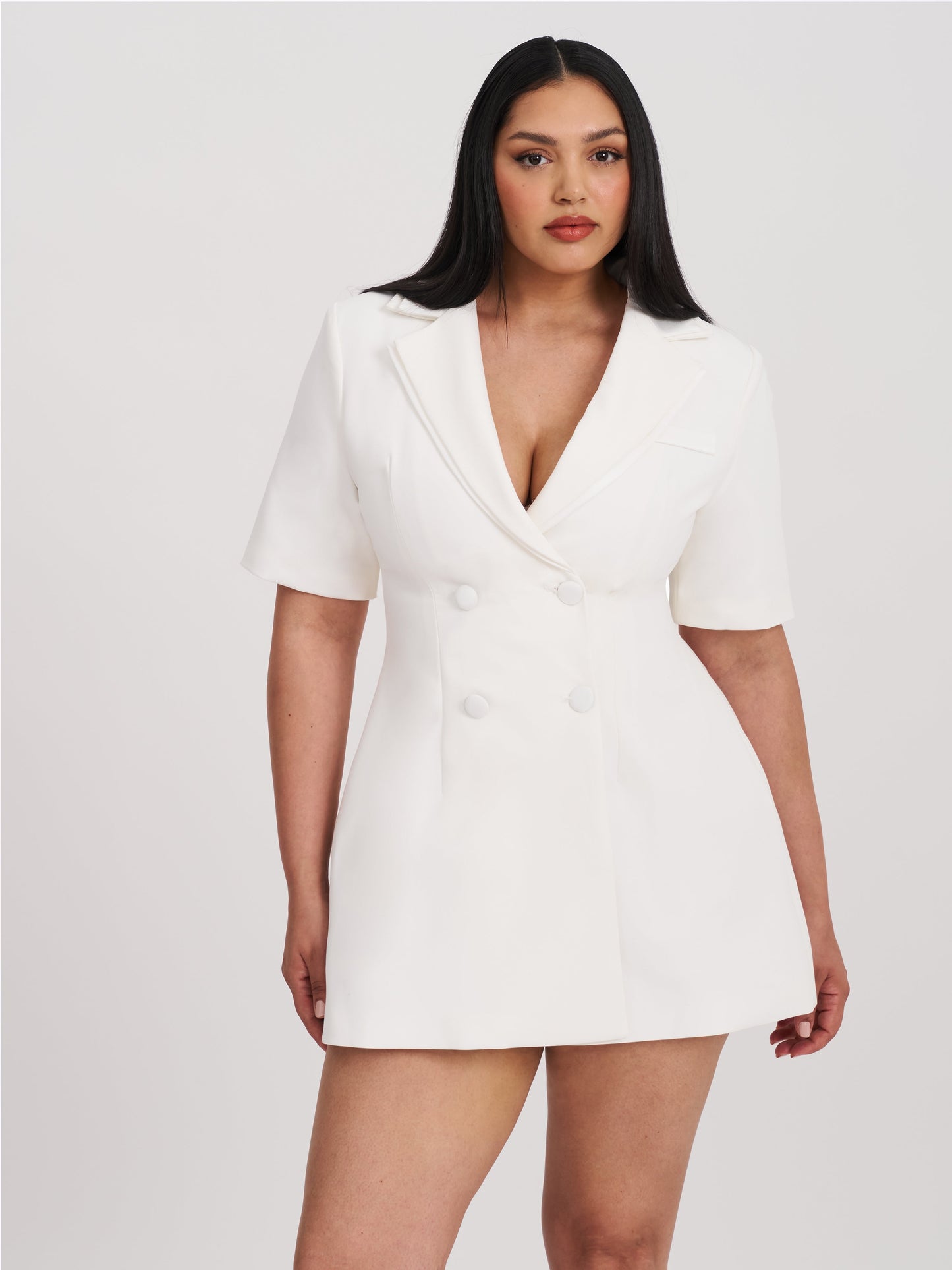 Madelina White Double Breast Satin Trim Blazer Dress