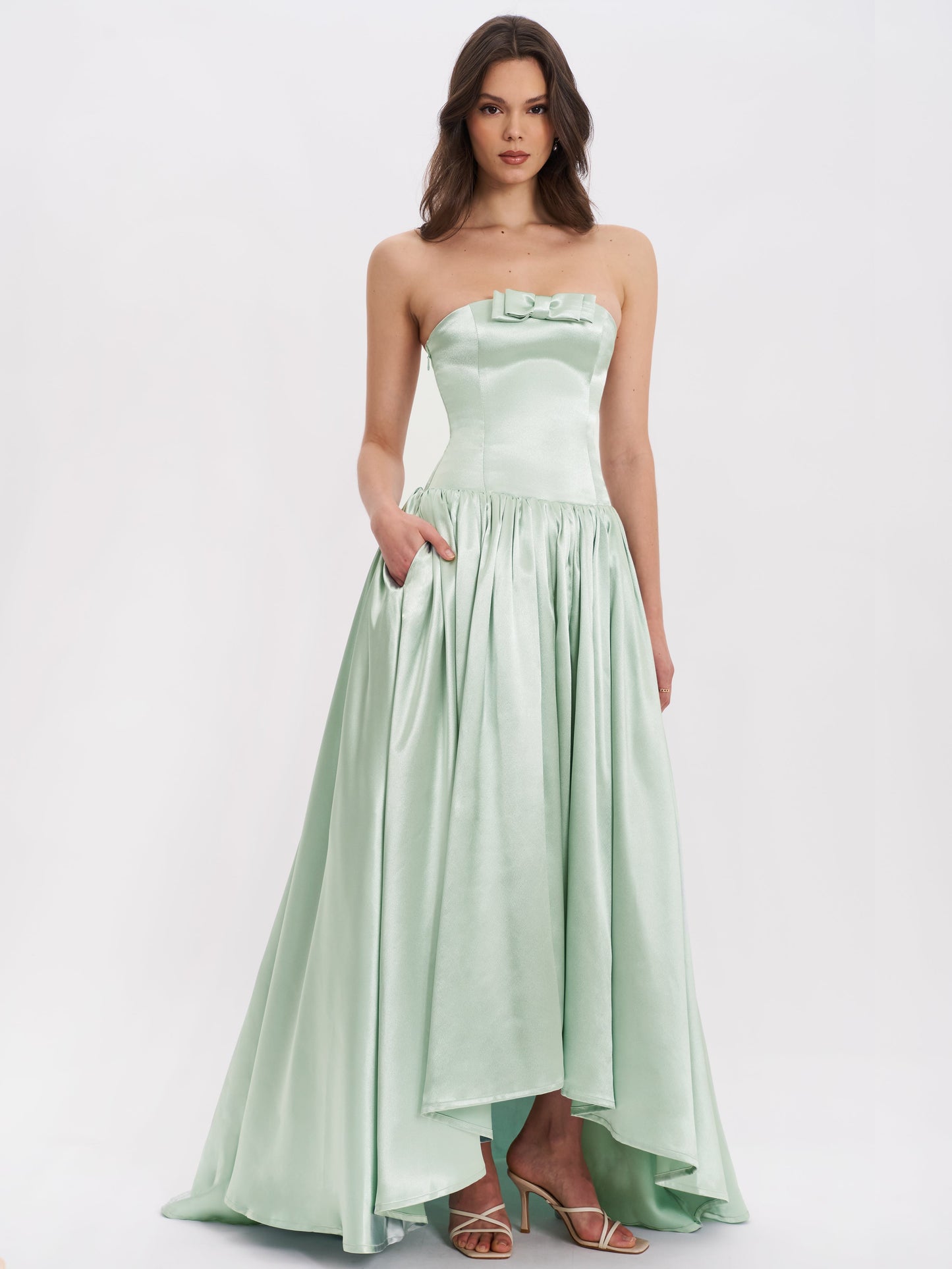 Lael Mint Green Back Button Trailing Gown