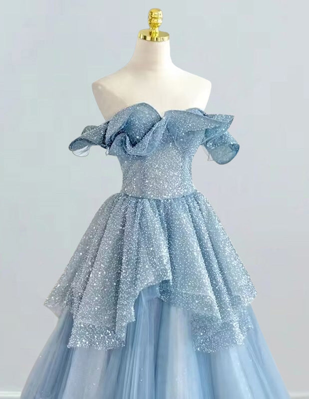 Women's Blue Strapless Sequin Tulle Evening Gown | Prom & Bridesmaid Dress