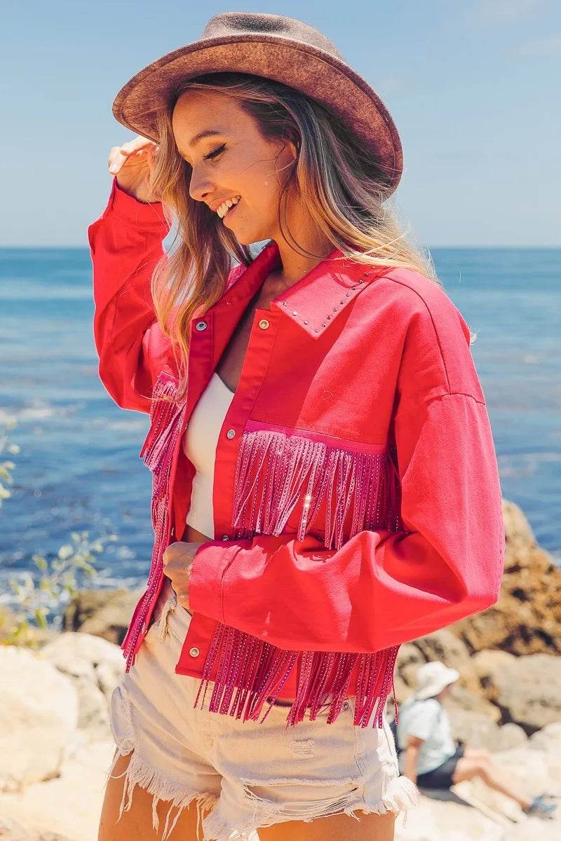 BiBi Rhinestone Fringe with Studed Collar Jacket