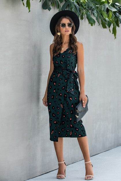 Sleeveless Print Split Thigh Belted Cami Dress