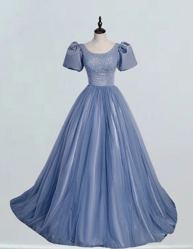 Grey blue scoop beading lace long tull ball gown prom dress