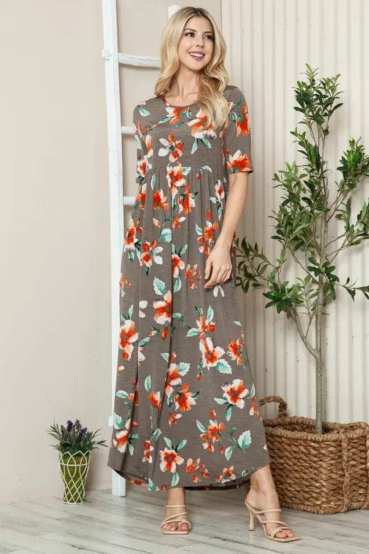 BOMBOM Floral Round Neck Short Sleeve Maxi Tee Dress