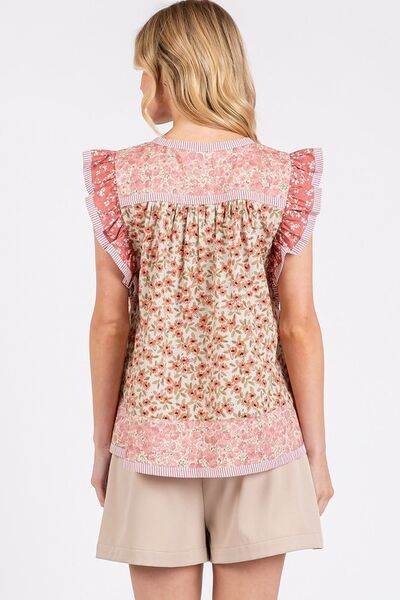 Mittoshop Floral Notched Ruffled Cap Sleeve Blouse