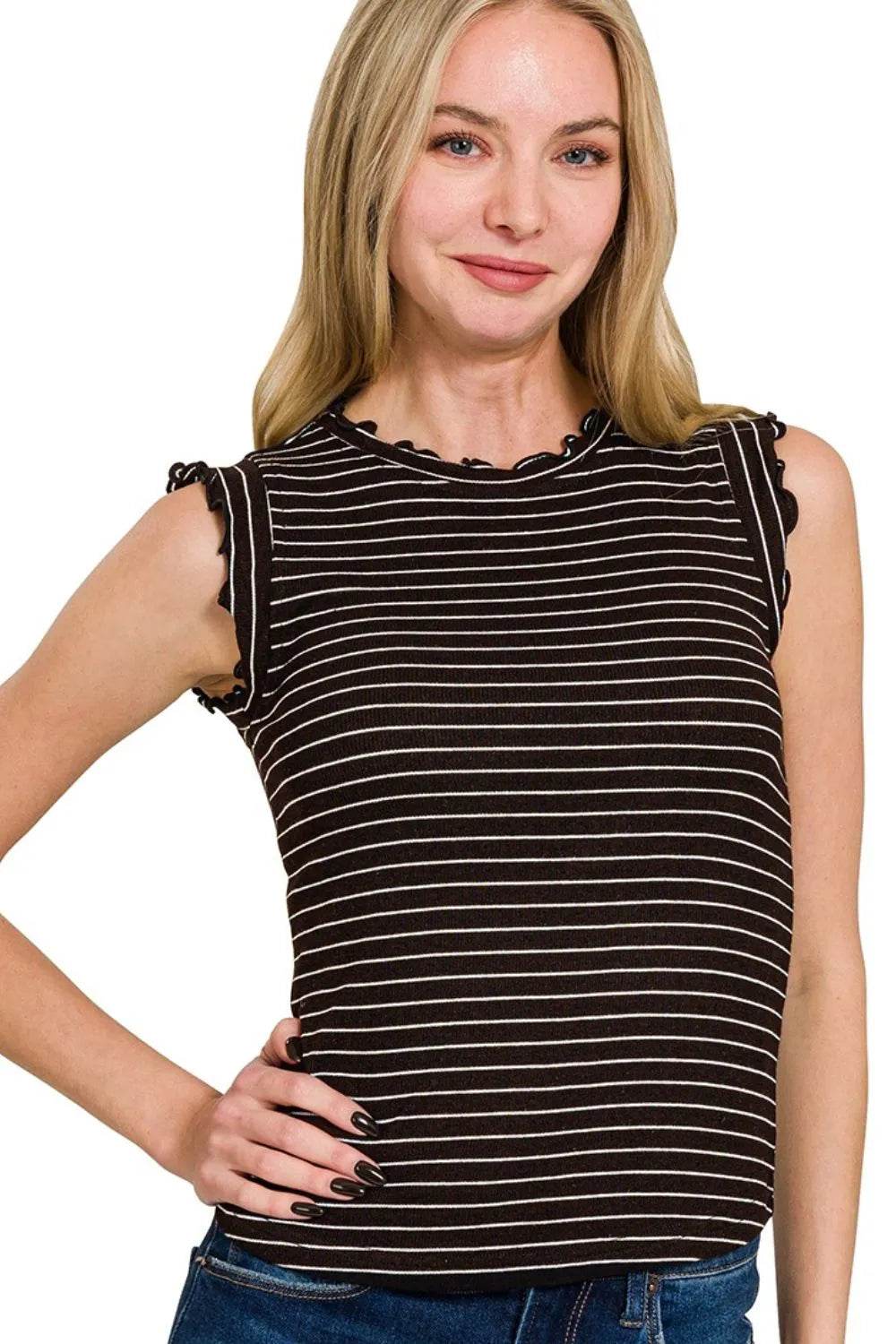 Zenana Ribbed Ruffle Trim Sleeveless Stripe Top