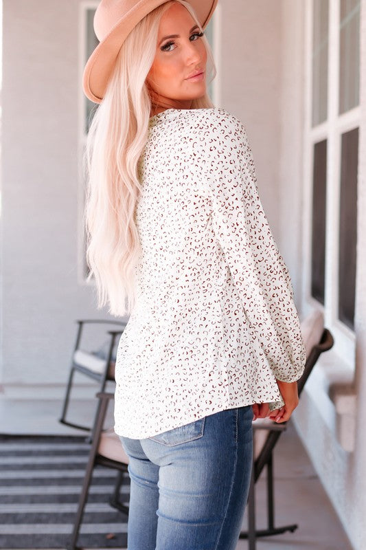 Women Leopard Crew Neck Long Sleeve Blouse