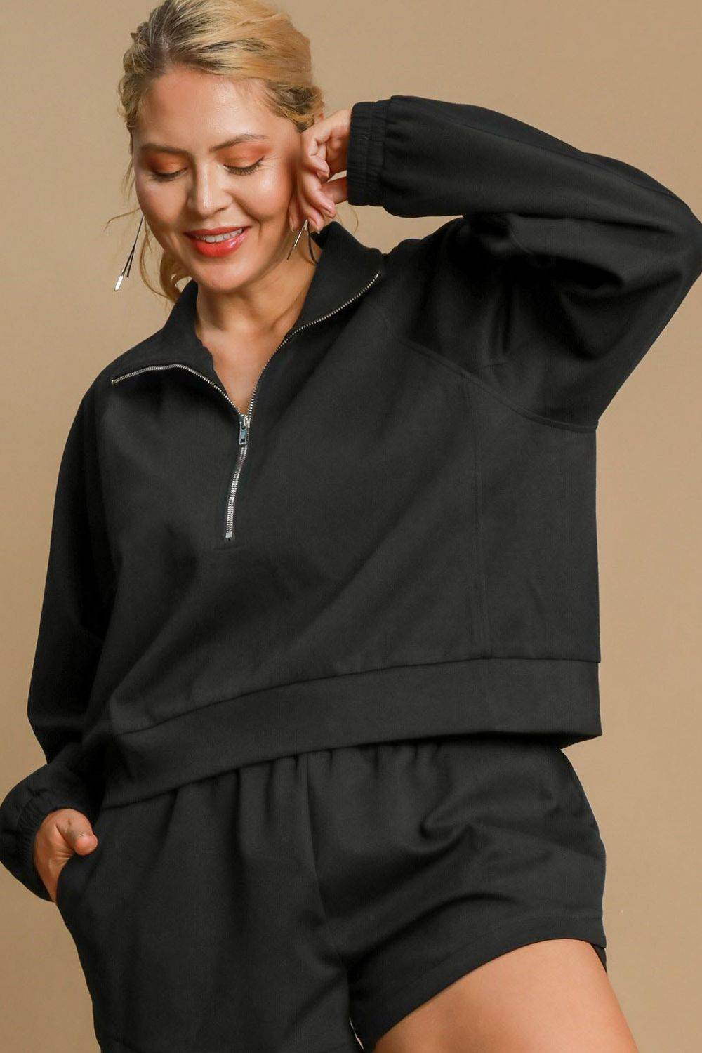 Umgee Full Size Half Zip Cropped Sweatshirt Plus Size
