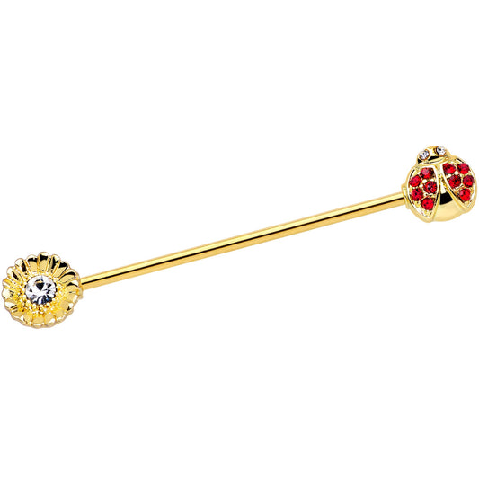 14G Red Gem Gold Tone Ladybug Flower Industrial Barbell 38mm