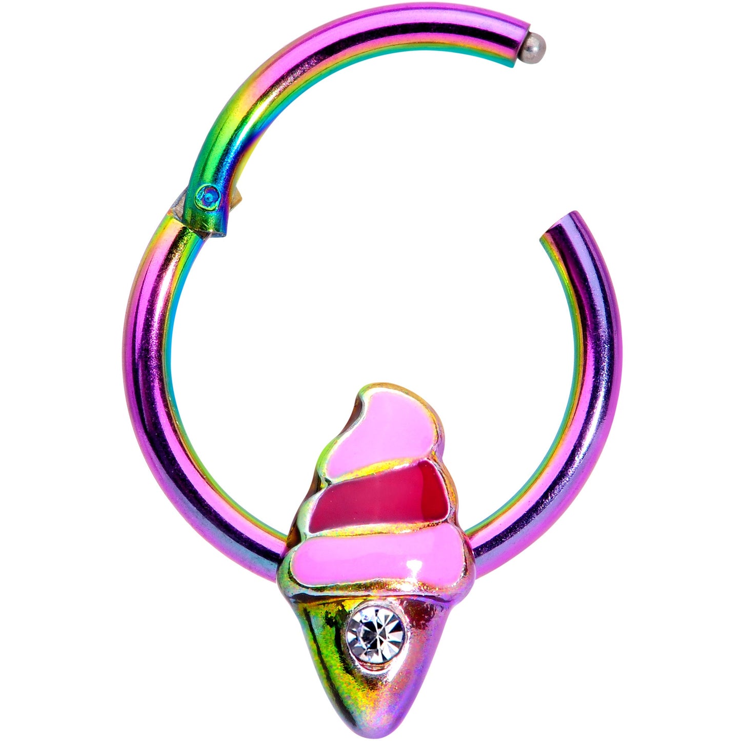 16G 3/8 Clear Gem Rainbow Ice Cream Cone Hinged Segment Ring