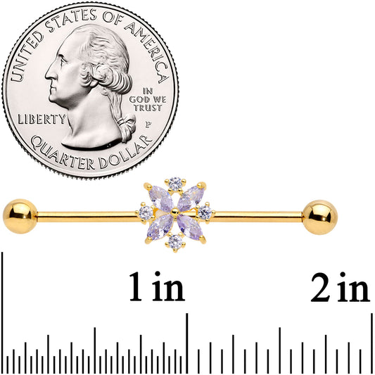 14G Purple CZ Gem Gold Tone Star Burst Industrial Barbell 38mm