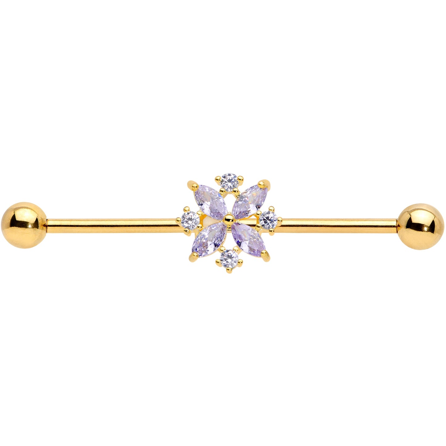 14G Purple CZ Gem Gold Tone Star Burst Industrial Barbell 38mm