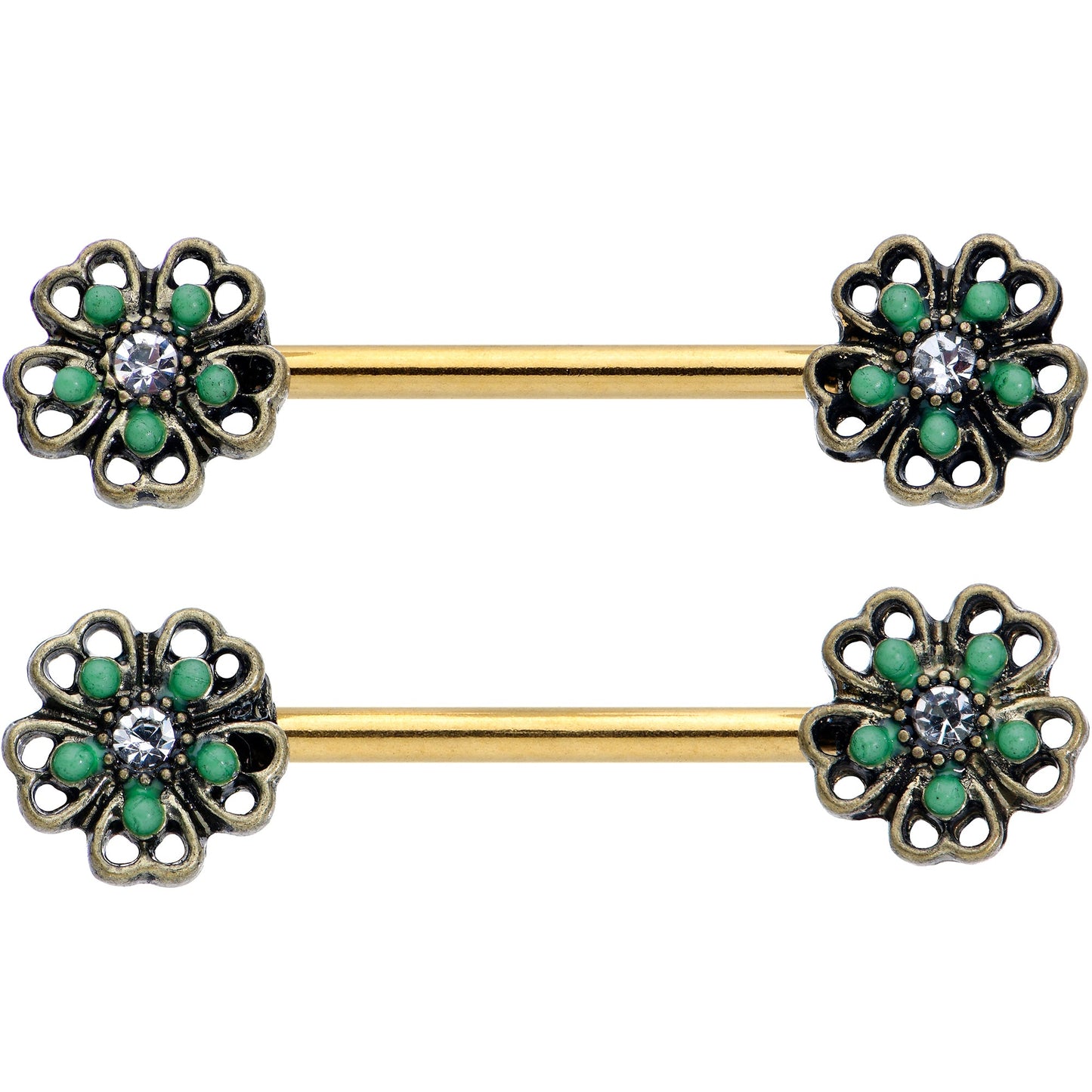 14G 9/16 Gold Tone Green Flower St Patricks Day Nipple Ring Set