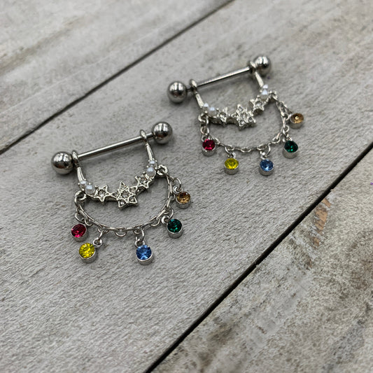 14G 9/16 Multicolor Gem Star Dangle Nipple Ring Set