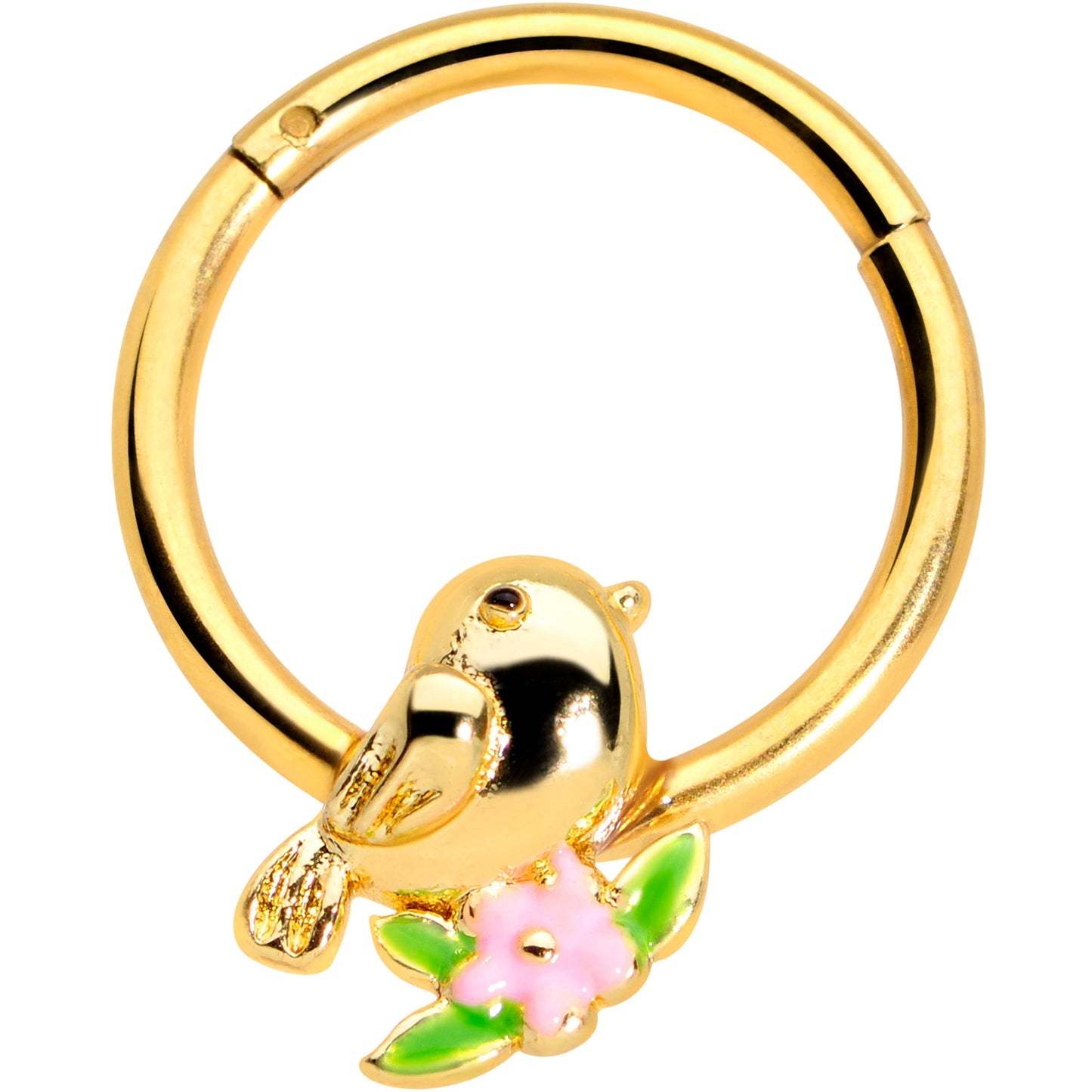 16G 3/8 Gold Tone Bird Pink Flower Hinged Segment Ring