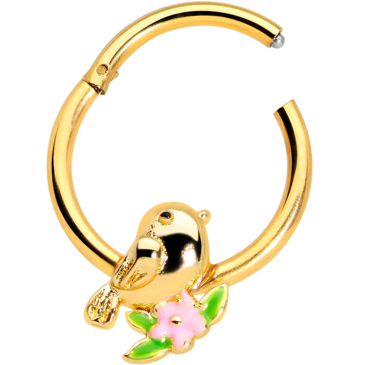 16G 3/8 Gold Tone Bird Pink Flower Hinged Segment Ring