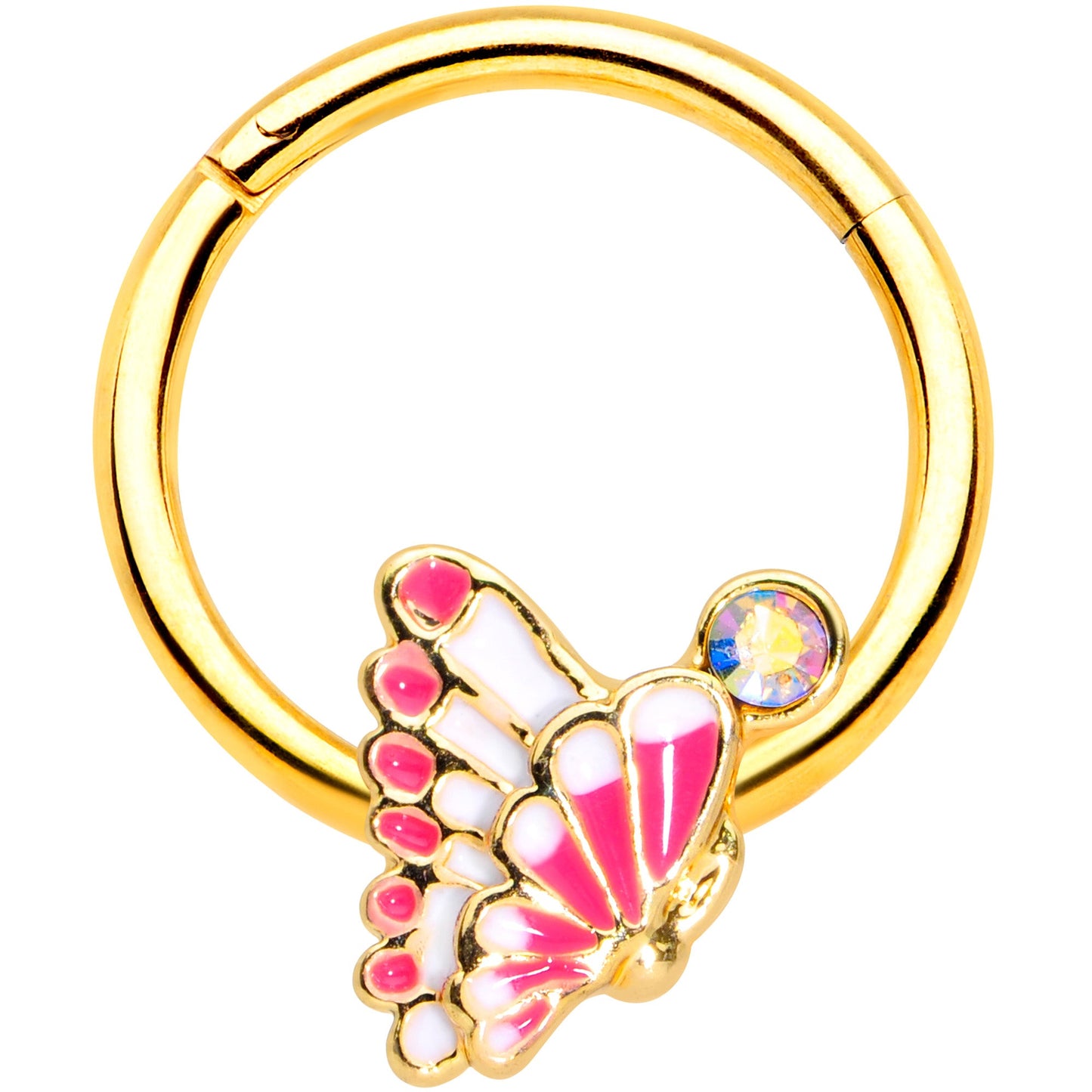 16G 3/8 Aurora Gem Gold Tone Butterfly Hinged Segment Ring
