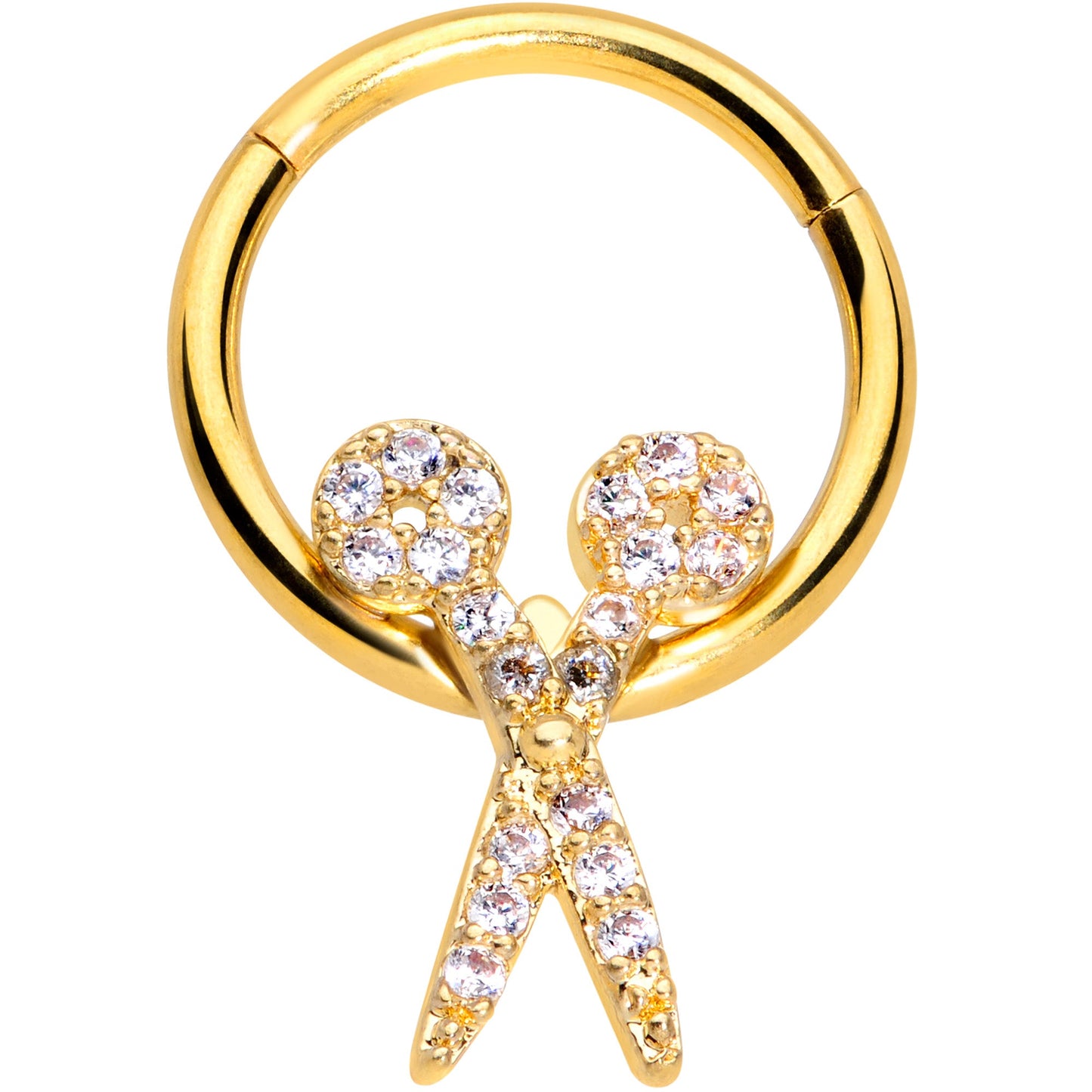 16G 3/8 Clear CZ Gem Gold Tone Scissors Hinged Segment Ring