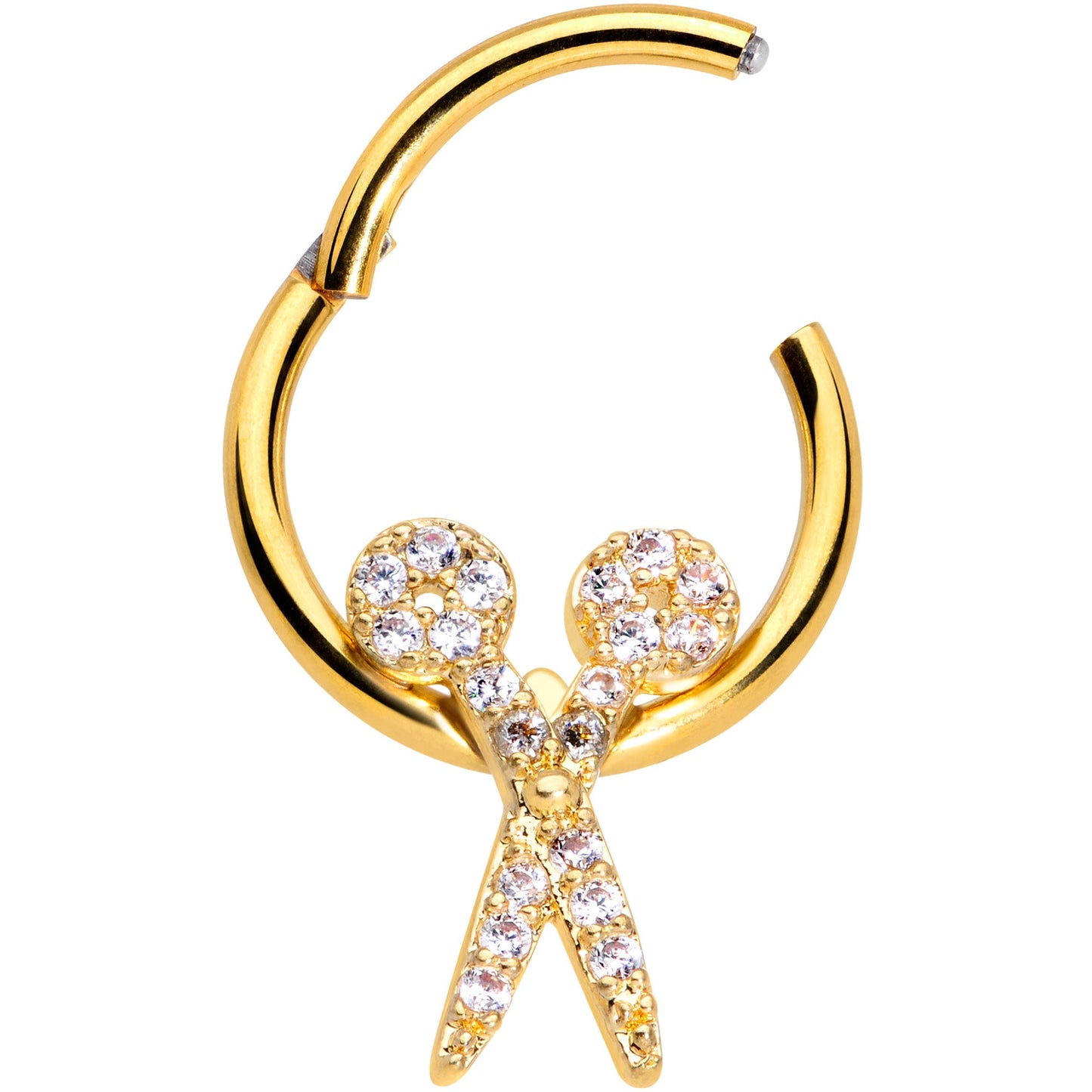 16G 3/8 Clear CZ Gem Gold Tone Scissors Hinged Segment Ring