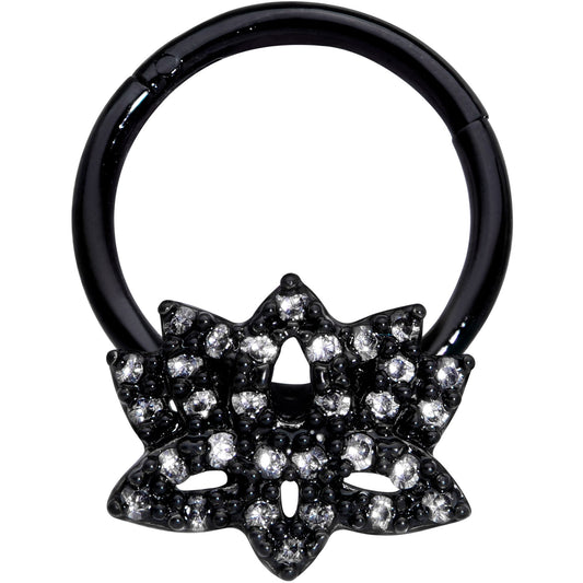 16G 3/8 Clear CZ Gem Black Lotus Flower Hinged Segment Ring