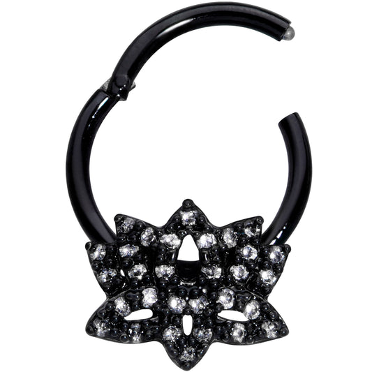 16G 3/8 Clear CZ Gem Black Lotus Flower Hinged Segment Ring