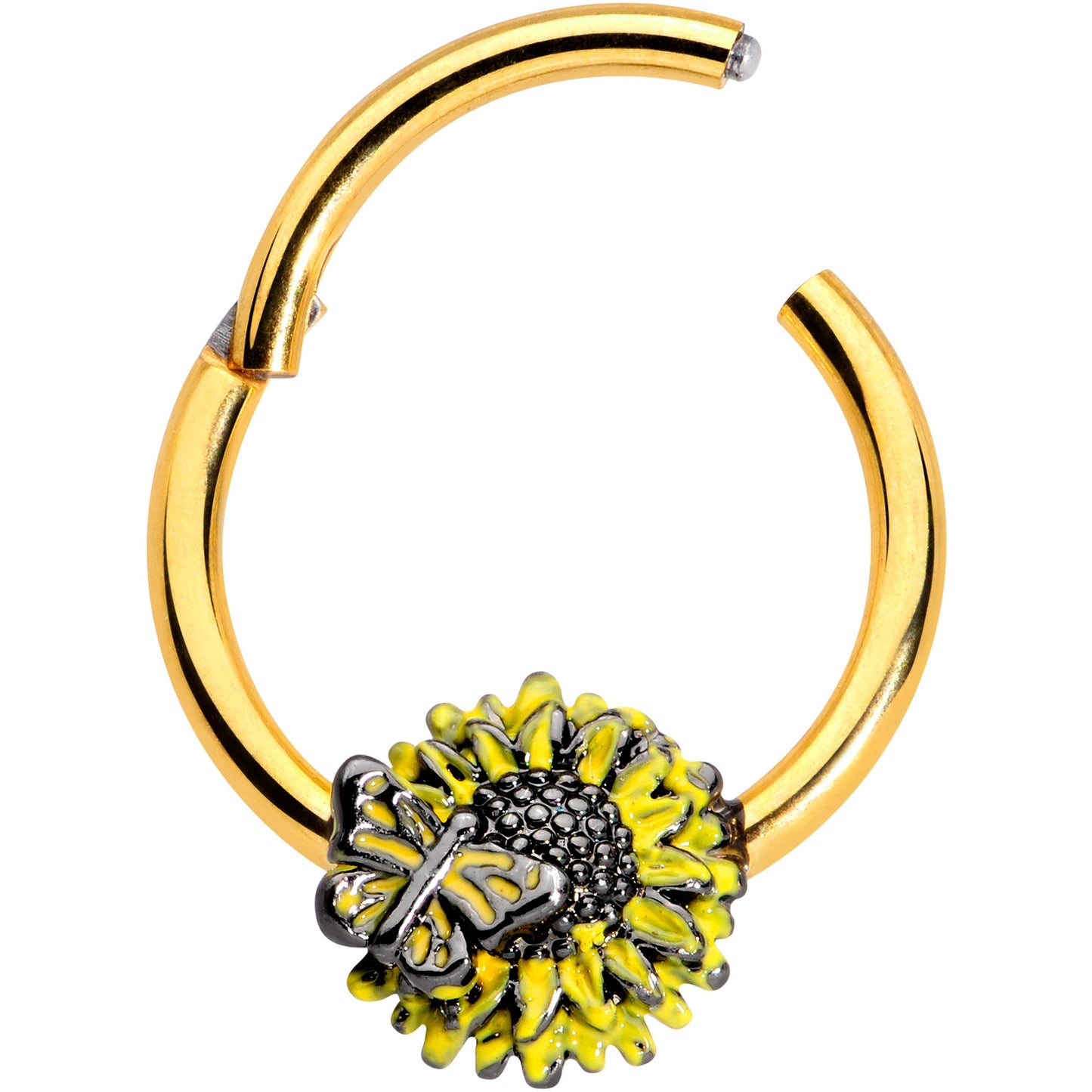 16G 3/8 Gold Tone Sunflower Butterfly Hinged Segment Ring