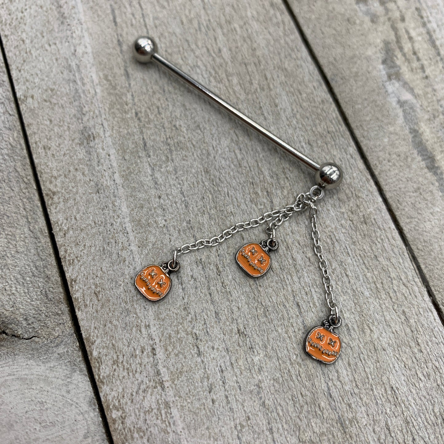 14G Halloween Pumpkin Chain Dangle Industrial Barbell 38mm