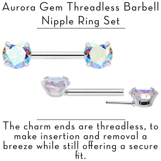 14G 1/2 Aurora CZ Gem Threadless Barbell Nipple Ring Set