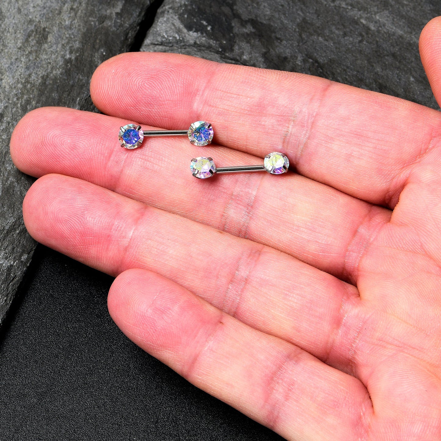 14G 1/2 Aurora CZ Gem Threadless Barbell Nipple Ring Set