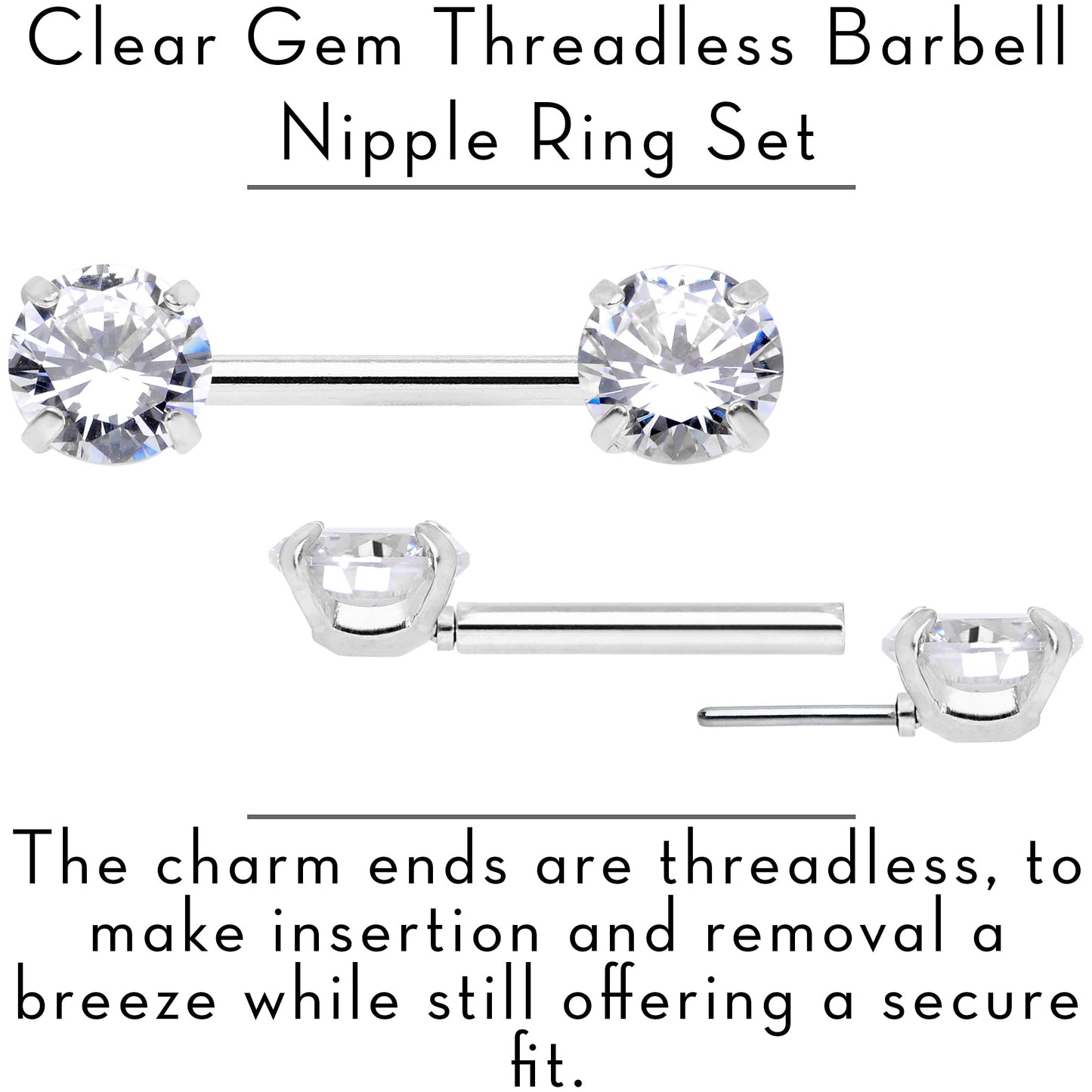 14G 1/2 Clear CZ Gem Threadless Barbell Nipple Ring Set