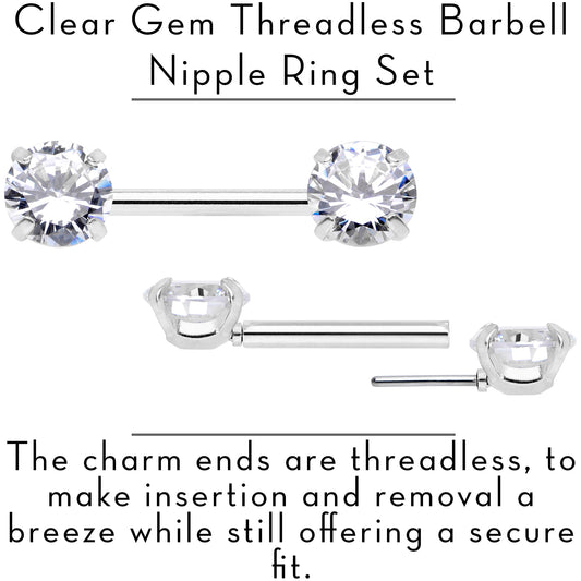14G 1/2 Clear CZ Gem Threadless Barbell Nipple Ring Set