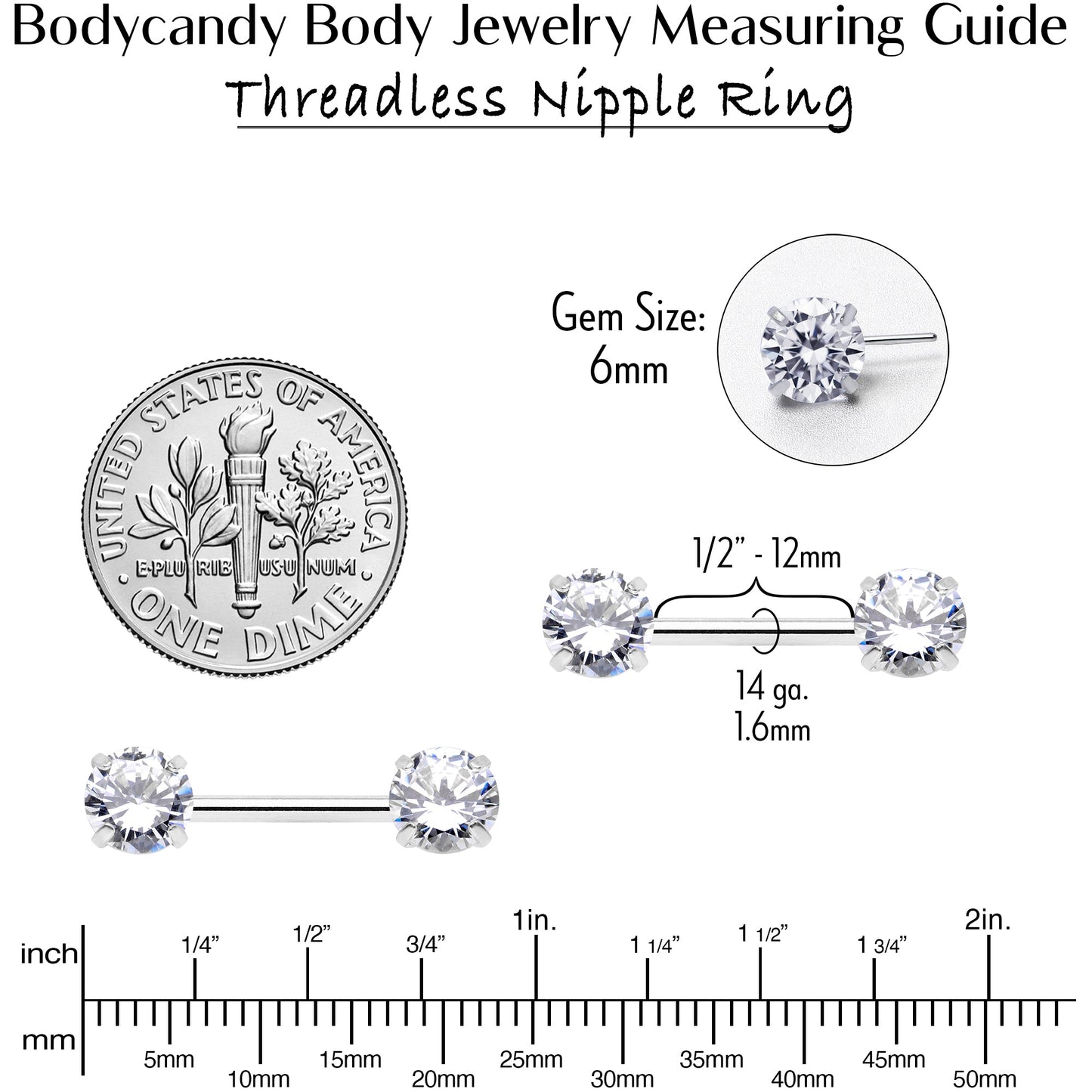 14G 1/2 Clear CZ Gem Threadless Barbell Nipple Ring Set