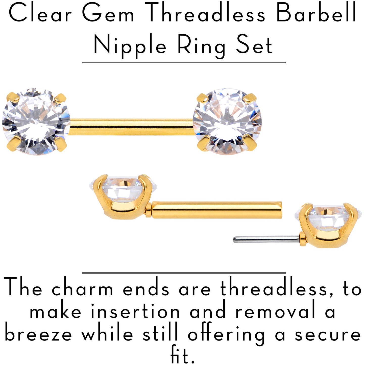 14G 1/2 Clear CZ Gem Gold Tone Threadless Nipple Ring Set