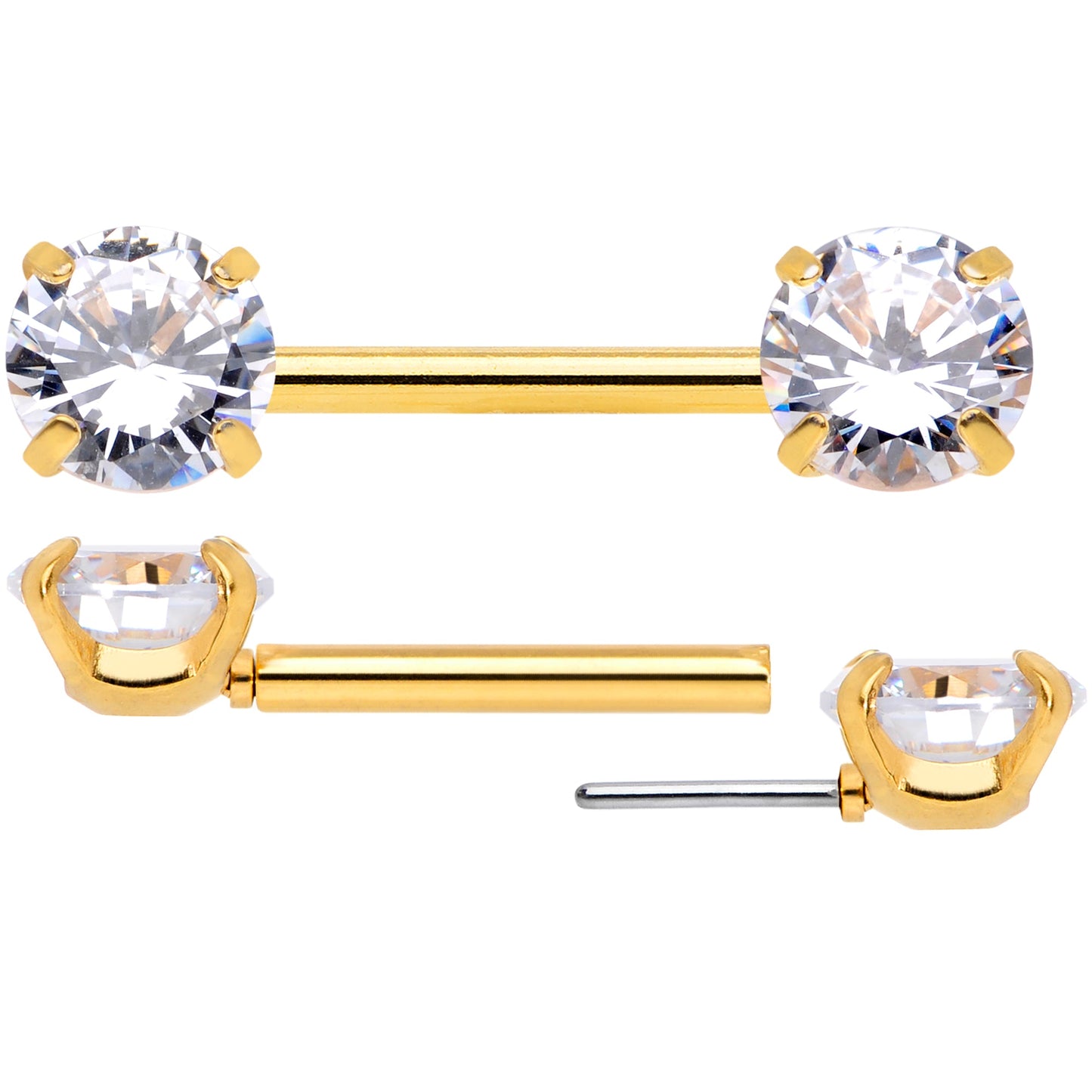 14G 1/2 Clear CZ Gem Gold Tone Threadless Nipple Ring Set