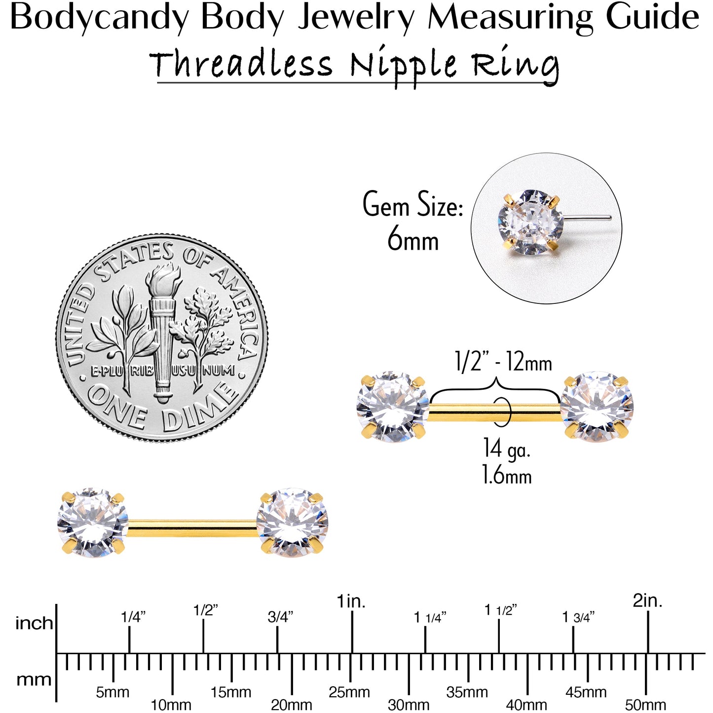 14G 1/2 Clear CZ Gem Gold Tone Threadless Nipple Ring Set