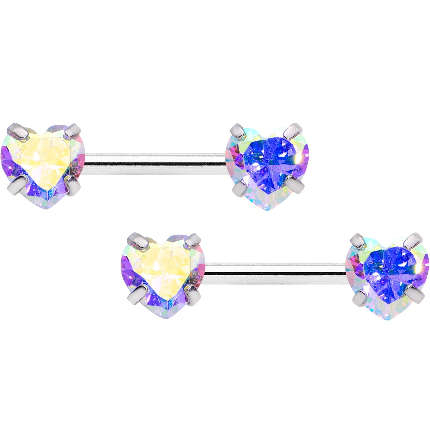 14G 1/2 Aurora CZ Gem Heart Threadless Barbell Nipple Ring Set