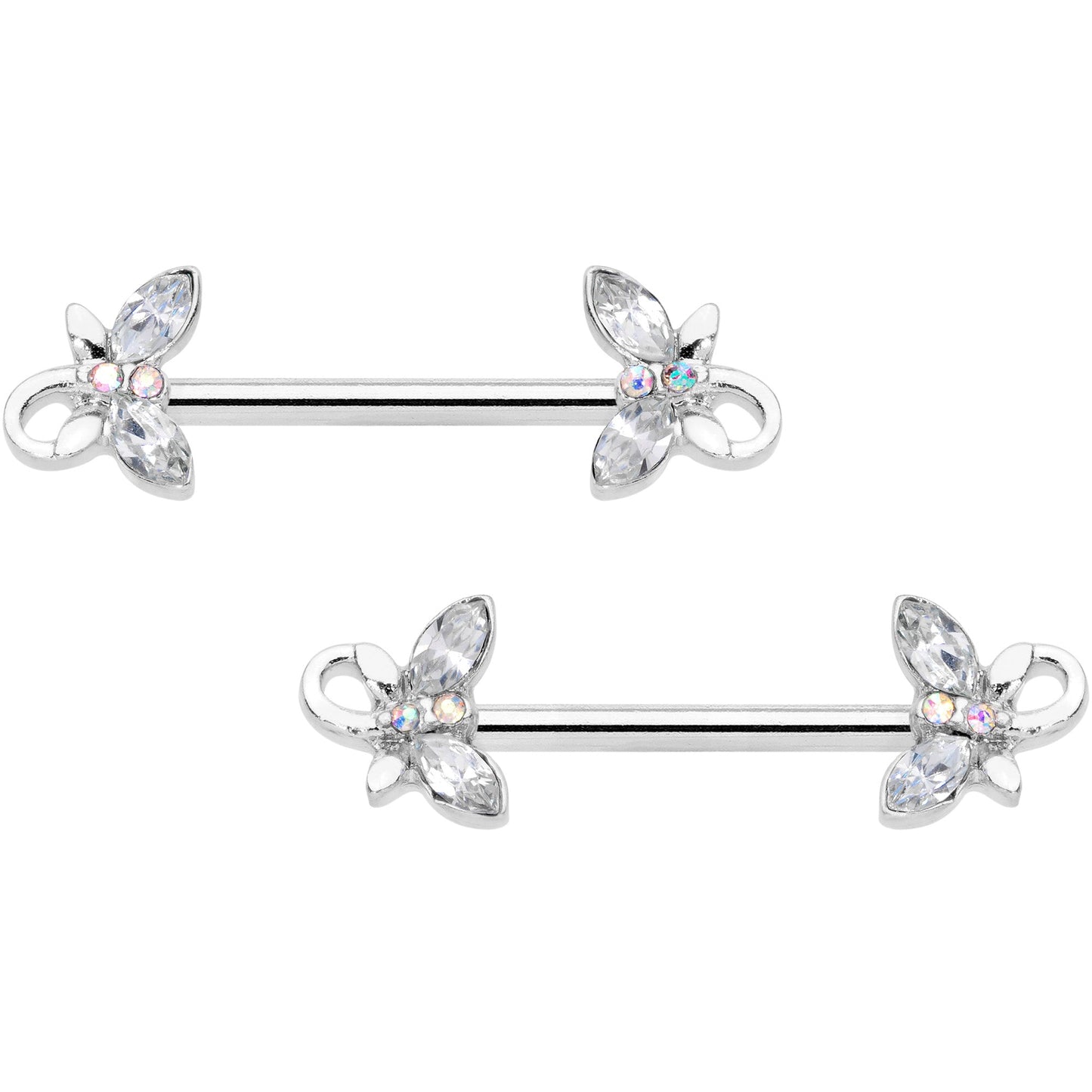 14G 1/2 Clear Aurora Gem Loop Butterfly Barbell Nipple Ring Set